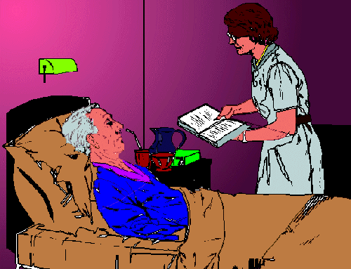 Dibujo de una enfermera y un paciente encamado